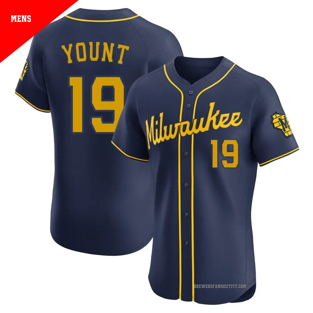Men's ＃19 Robin Yount Milwaukee Brewers Navy Elite Alternate Jersey