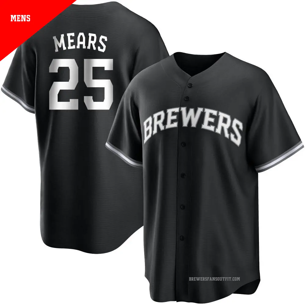 Men's ＃25 Nick Mears Milwaukee Brewers Black/White Replica Jersey