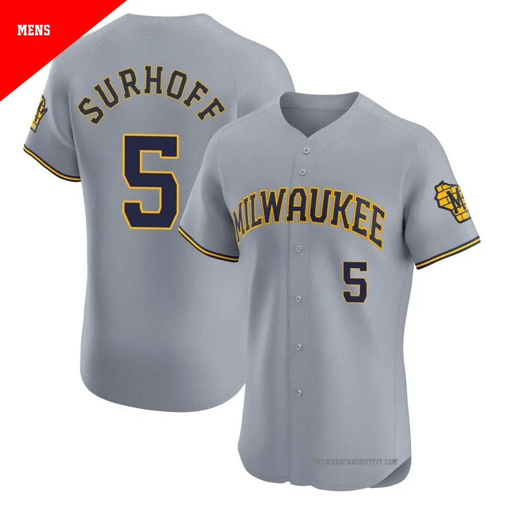 Men's ＃5 Bj Surhoff Milwaukee Brewers Gray Elite Road Jersey