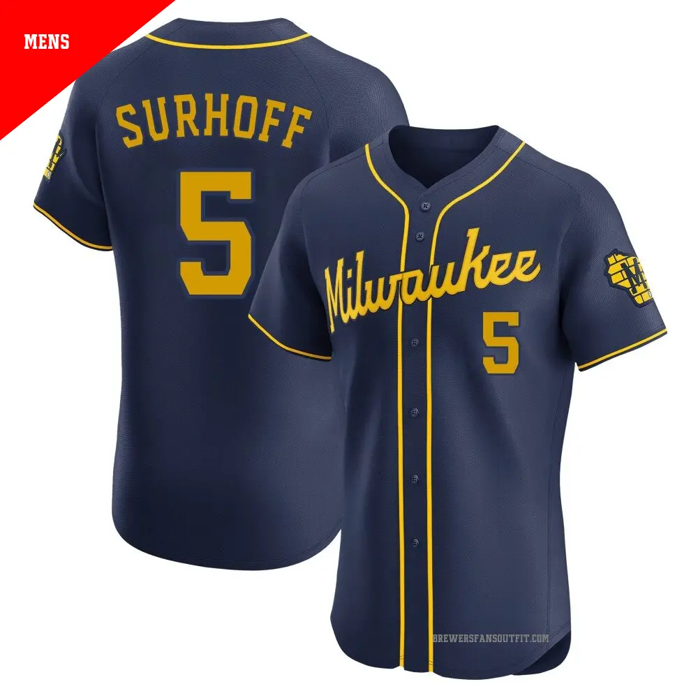 Men's ＃5 Bj Surhoff Milwaukee Brewers Navy Elite Alternate Jersey