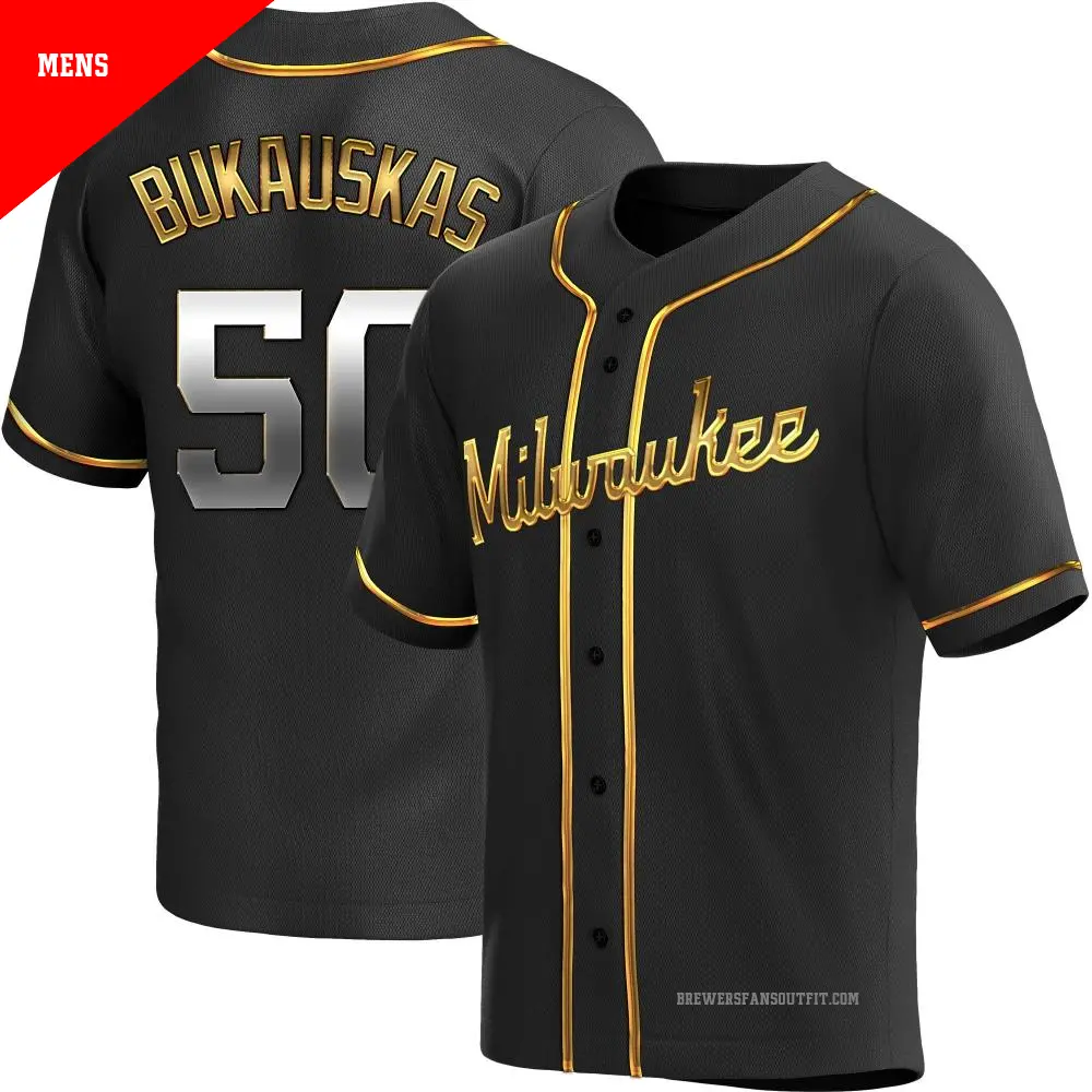 Men's ＃50 J.B. Bukauskas Milwaukee Brewers Gold Replica Black en Alternate Jersey