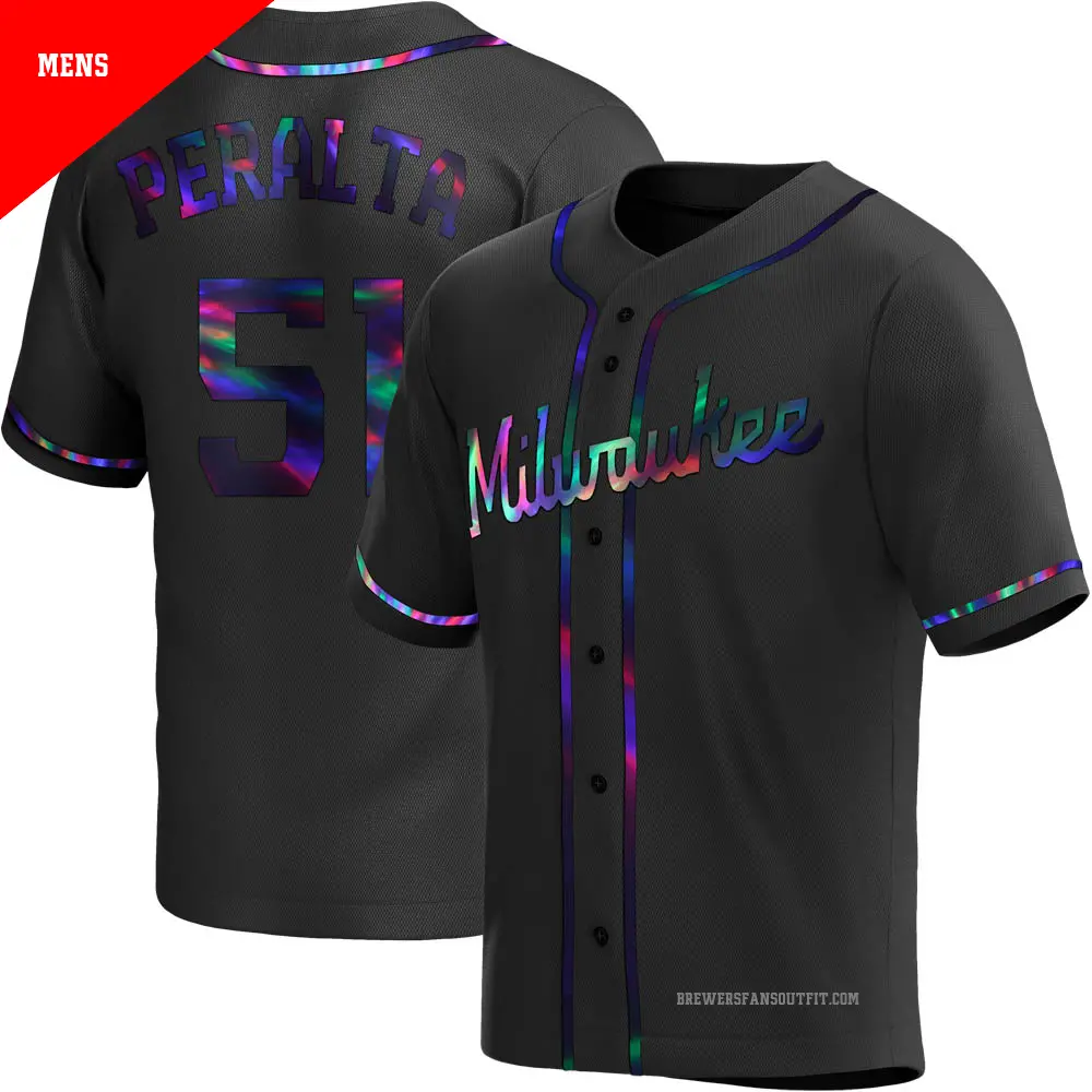 Men's ＃51 Freddy Peralta Milwaukee Brewers Black Replica Holographic Alternate Jersey