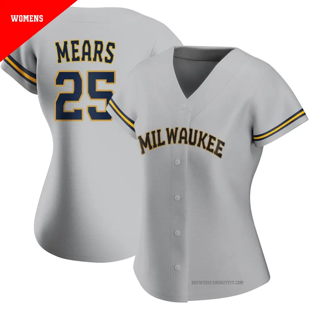 Women's ＃25 Nick Mears Milwaukee Brewers Gray Authentic Road Jersey