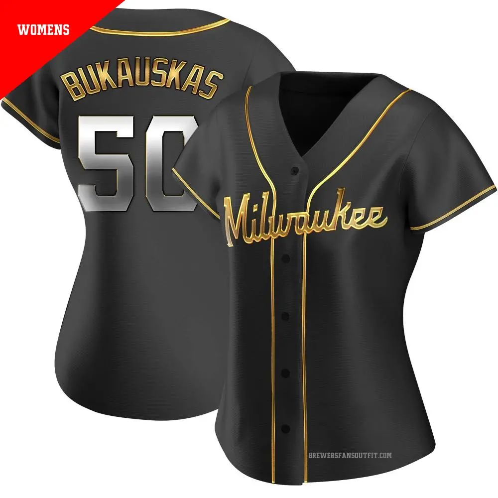 Women's ＃50 J.B. Bukauskas Milwaukee Brewers Gold Replica Black en Alternate Jersey