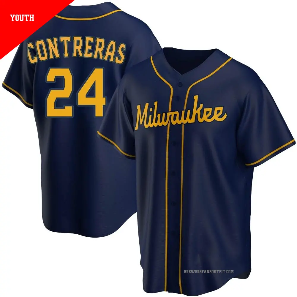 Youth ＃24 William Contreras Milwaukee Brewers Navy Replica Alternate Jersey