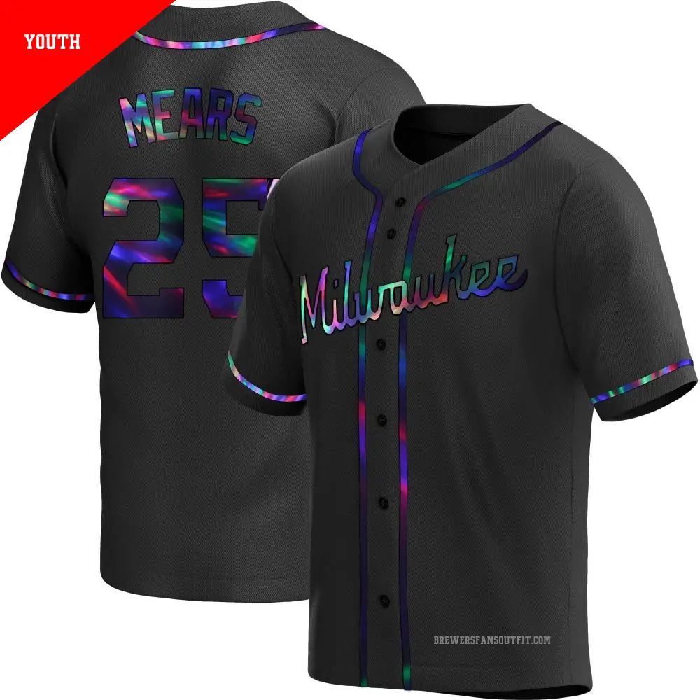 Youth ＃25 Nick Mears Milwaukee Brewers Black Replica Holographic Alternate Jersey