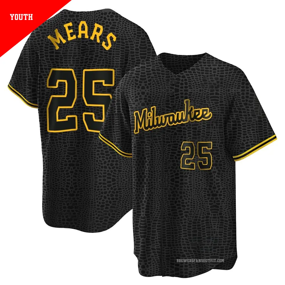 Youth ＃25 Nick Mears Milwaukee Brewers Black Replica Snake Skin City Jersey