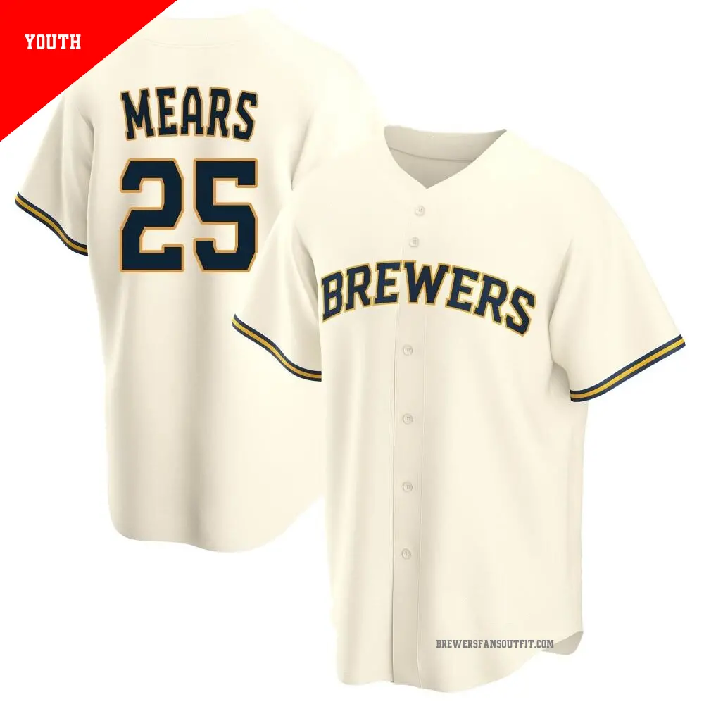 Youth ＃25 Nick Mears Milwaukee Brewers Cream Replica Home Jersey