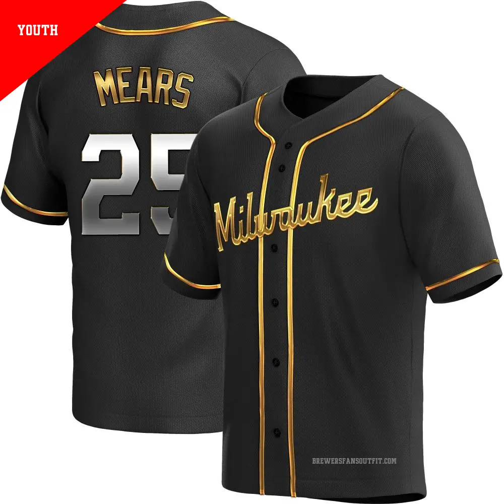 Youth ＃25 Nick Mears Milwaukee Brewers Gold Replica Black en Alternate Jersey
