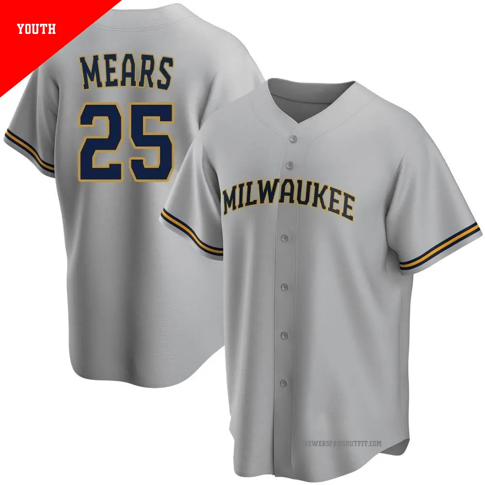 Youth ＃25 Nick Mears Milwaukee Brewers Gray Replica Road Jersey