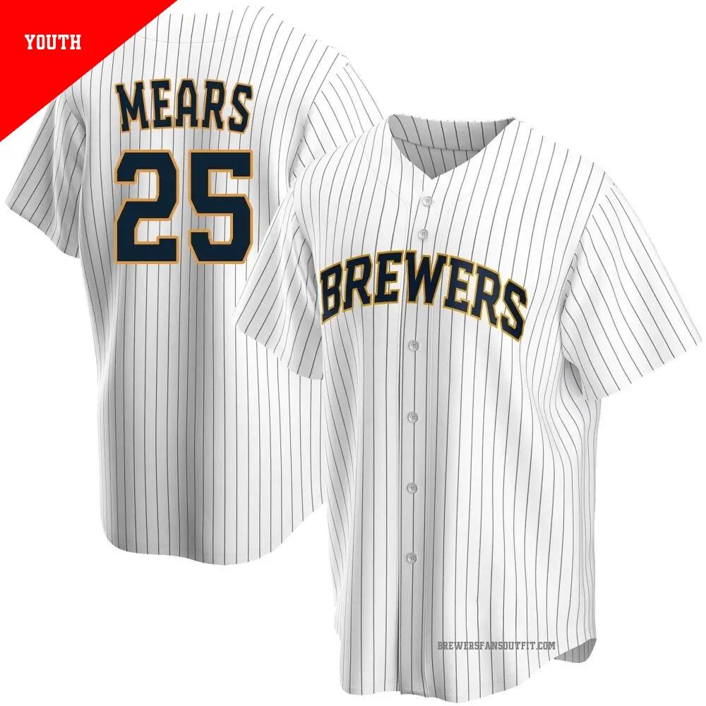 Youth ＃25 Nick Mears Milwaukee Brewers White Replica Home Jersey