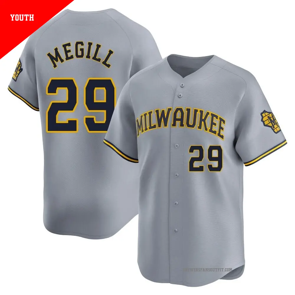 Youth ＃29 Trevor Megill Milwaukee Brewers Gray Limited Away Jersey