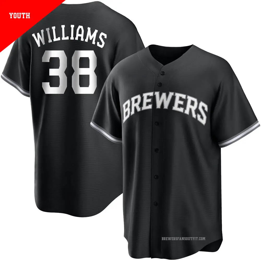 Youth ＃38 Devin Williams Milwaukee Brewers Black/White Replica Jersey