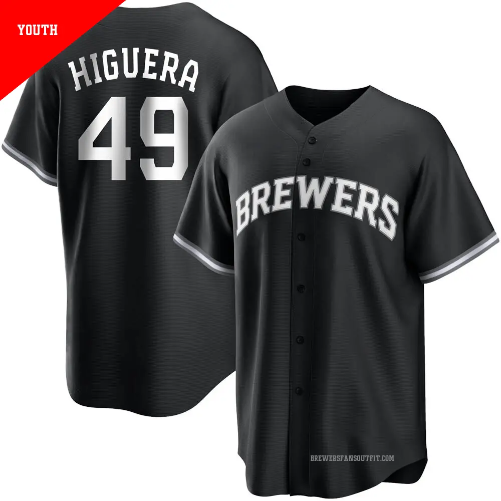 Youth ＃49 Teddy Higuera Milwaukee Brewers Black/White Replica Jersey