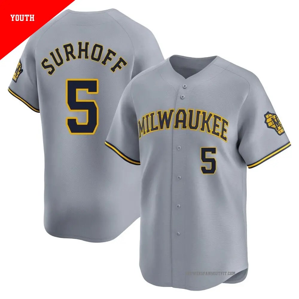 Youth ＃5 Bj Surhoff Milwaukee Brewers Gray Limited Away Jersey