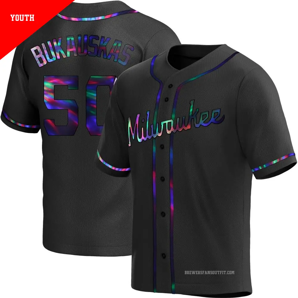 Youth ＃50 J.B. Bukauskas Milwaukee Brewers Black Replica Holographic Alternate Jersey