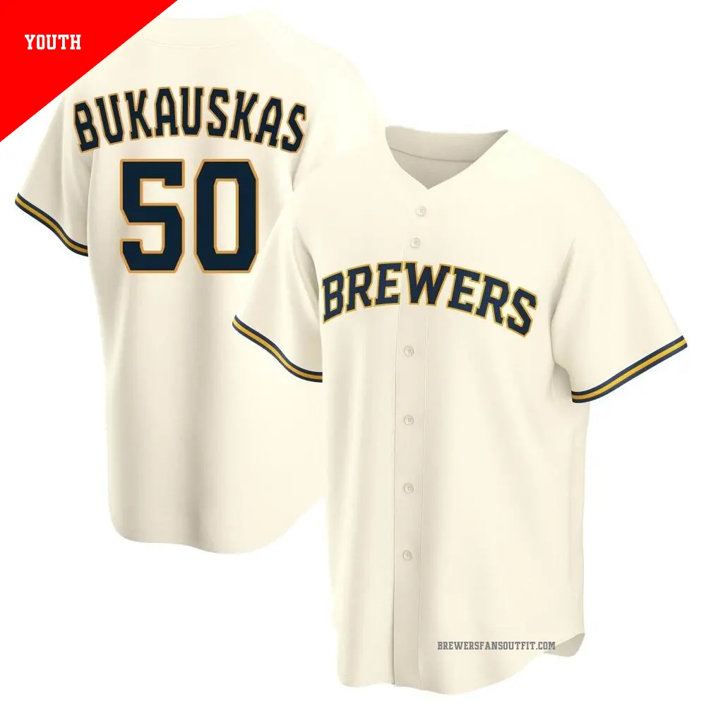 Youth ＃50 J.B. Bukauskas Milwaukee Brewers Cream Replica Home Jersey