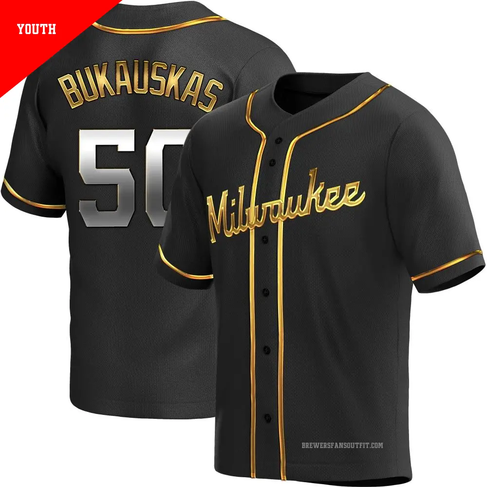 Youth ＃50 J.B. Bukauskas Milwaukee Brewers Gold Replica Black en Alternate Jersey